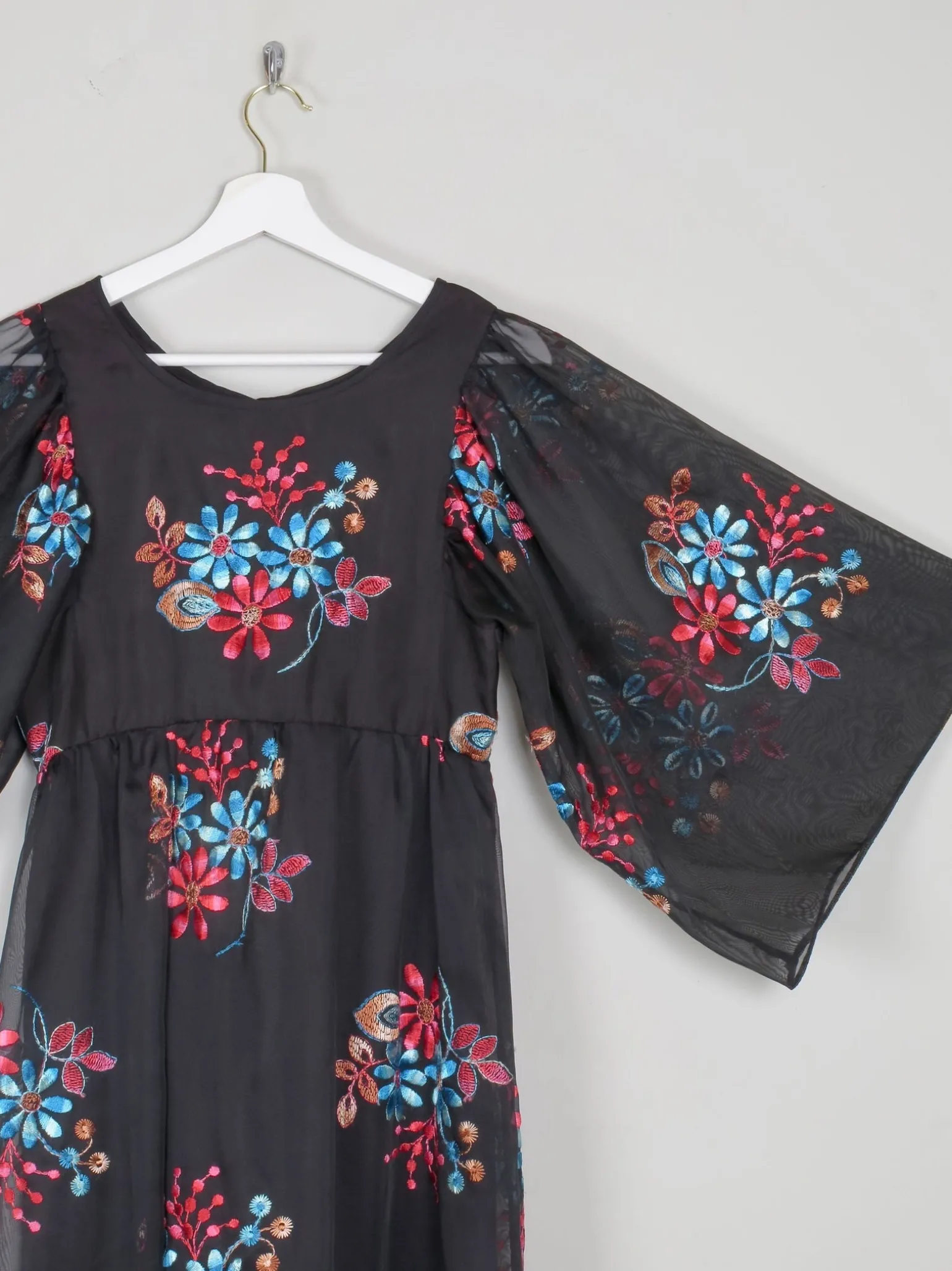 Vintage Black Long Floral Embroidered Dress XS