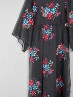 Vintage Black Long Floral Embroidered Dress XS