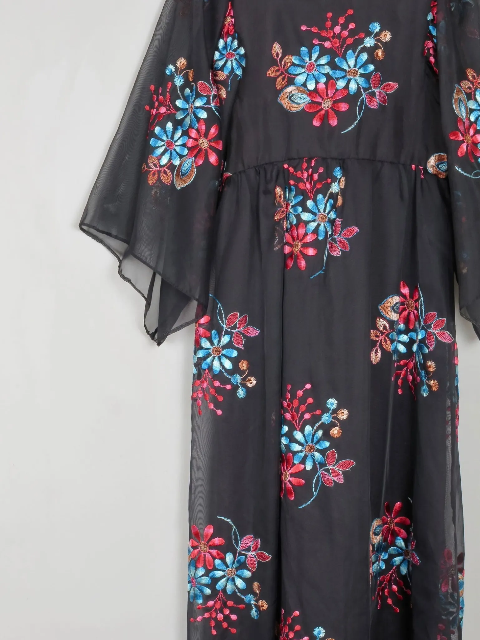 Vintage Black Long Floral Embroidered Dress XS