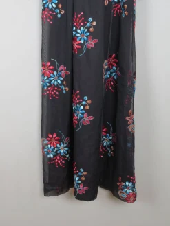 Vintage Black Long Floral Embroidered Dress XS
