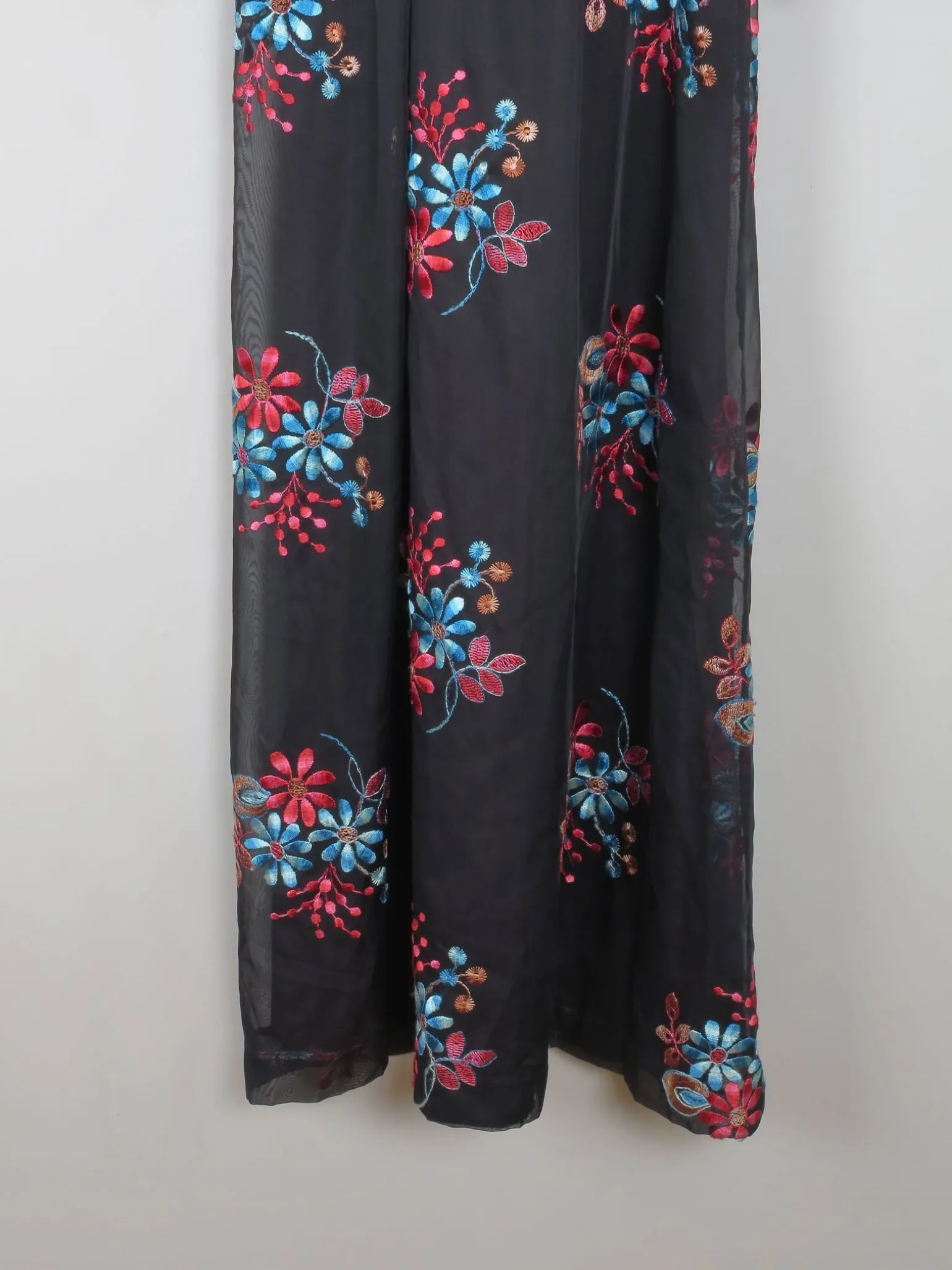 Vintage Black Long Floral Embroidered Dress XS
