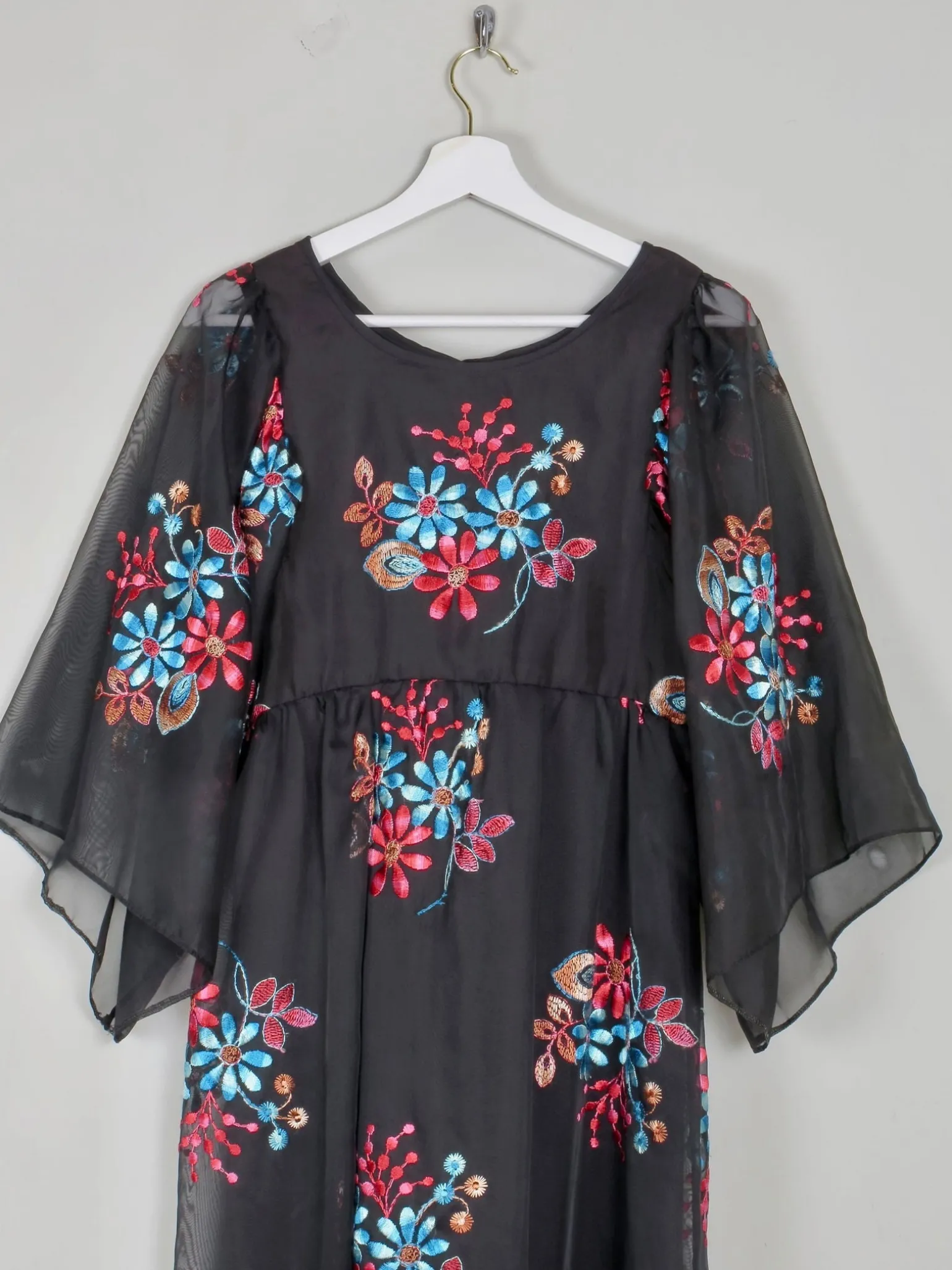 Vintage Black Long Floral Embroidered Dress XS
