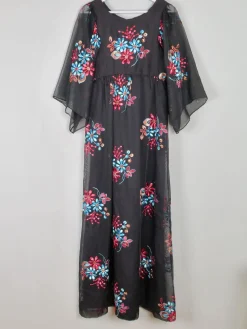 Vintage Black Long Floral Embroidered Dress XS