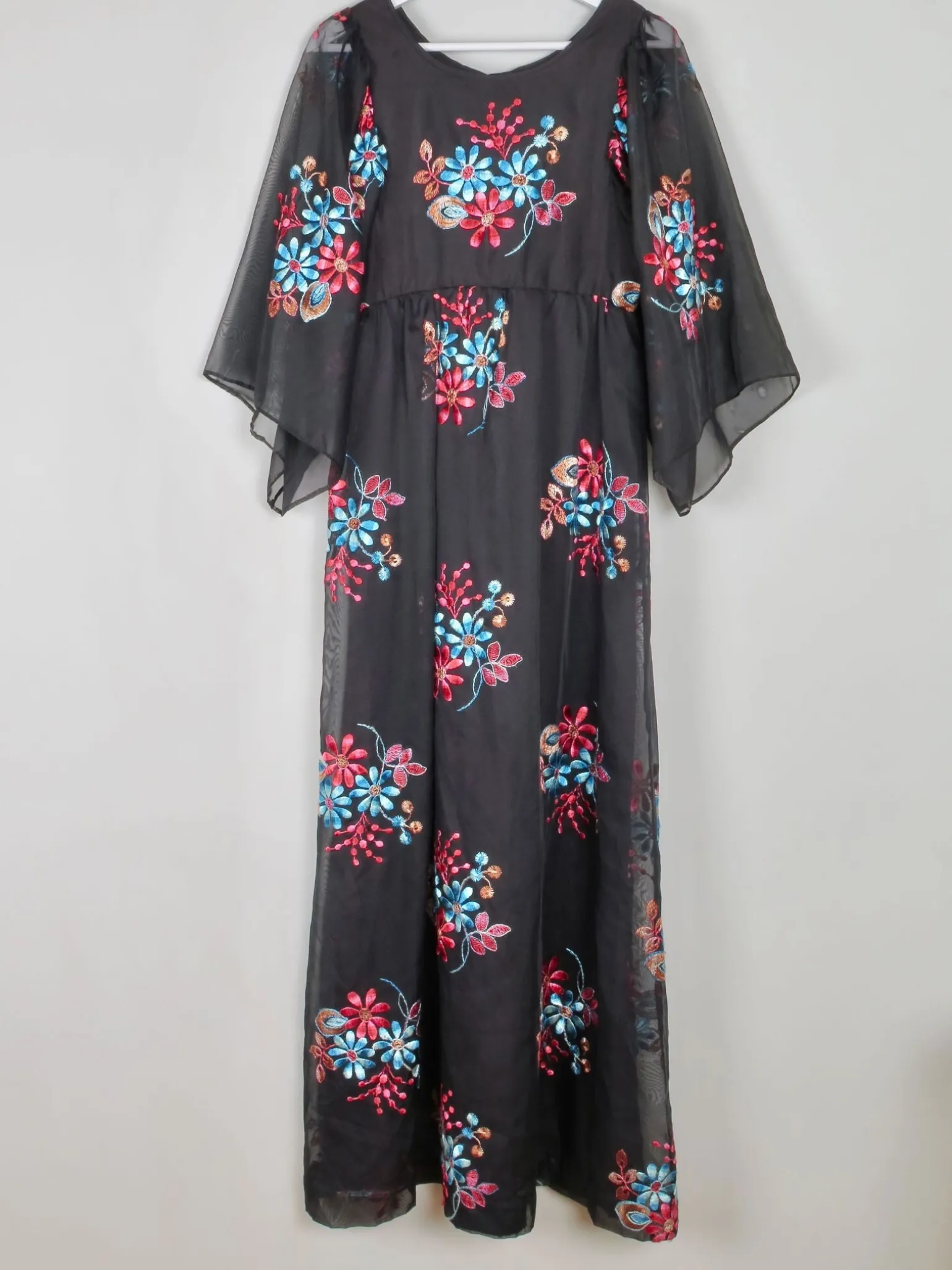 Vintage Black Long Floral Embroidered Dress XS