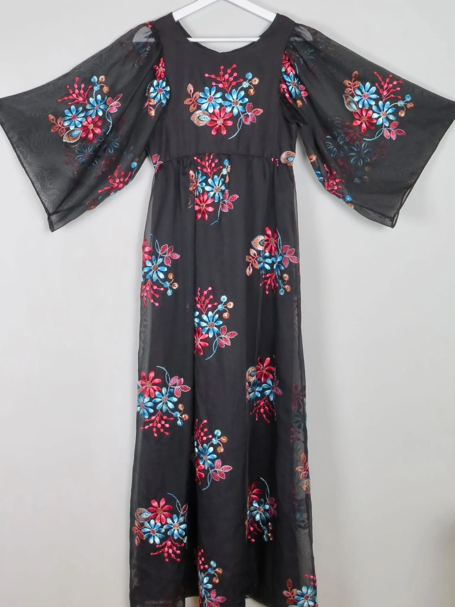 Vintage Black Long Floral Embroidered Dress XS