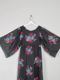 Vintage Black Long Floral Embroidered Dress XS