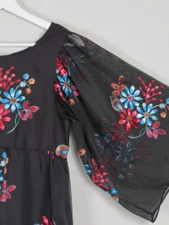 Vintage Black Long Floral Embroidered Dress XS