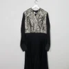Vintage Black Pleated Dress With Collar & Sleeves M