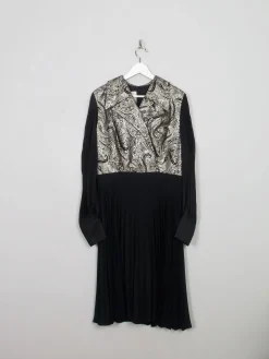 Vintage Black Pleated Dress With Collar & Sleeves M