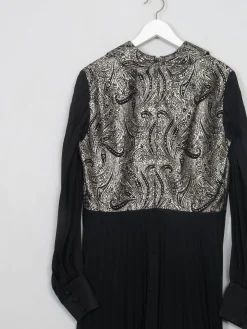 Vintage Black Pleated Dress With Collar & Sleeves M