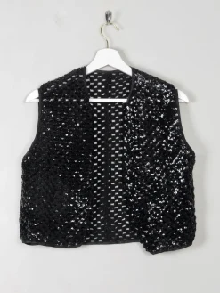 Vintage Black Sequin & Crochet Waistcoat S/M