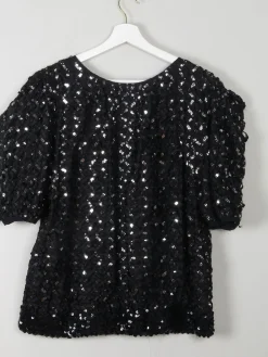 Vintage Black Sequin & Ribbon Lace Top L