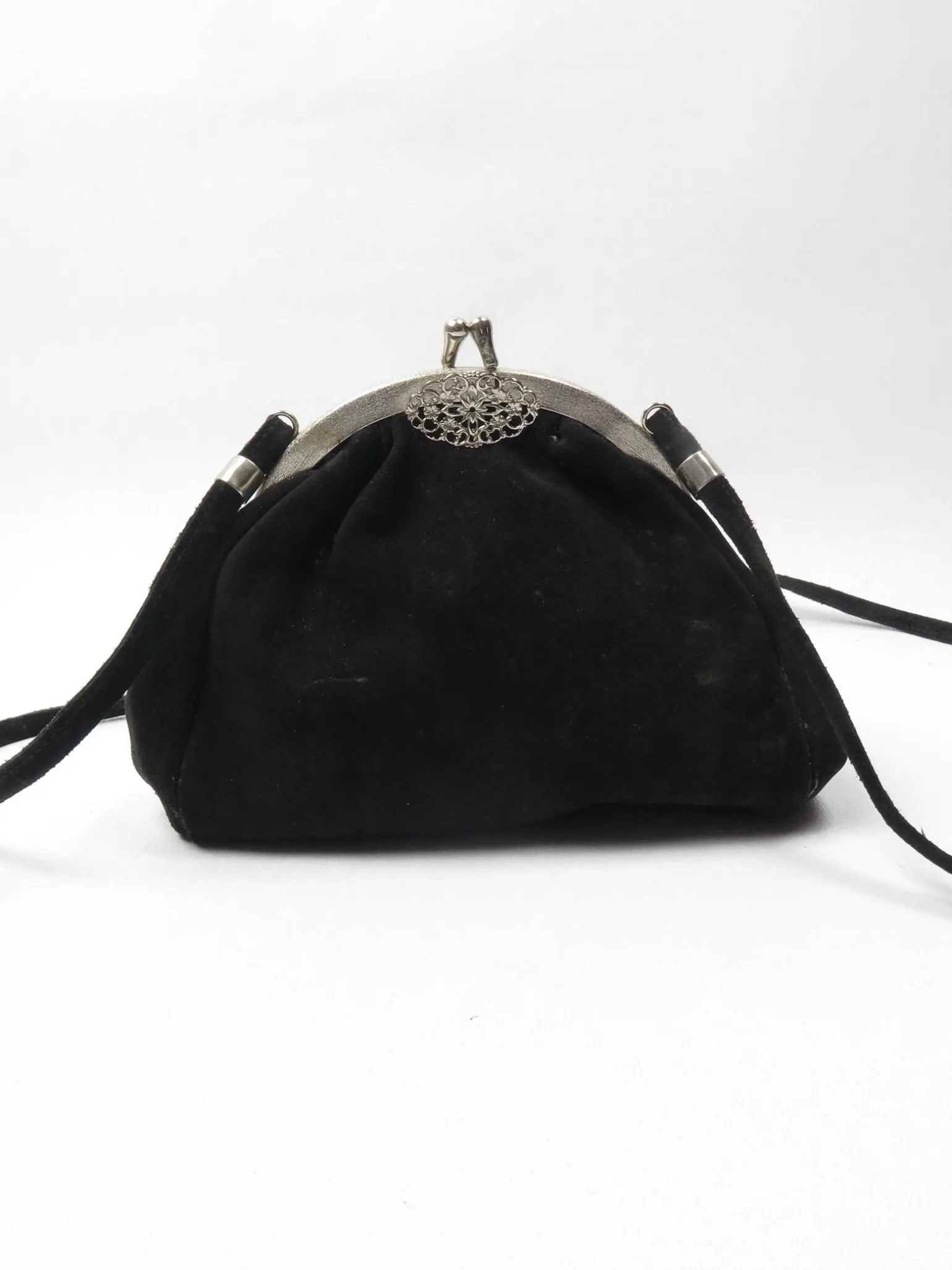 Vintage Black Suede Bag With Silver Clasp