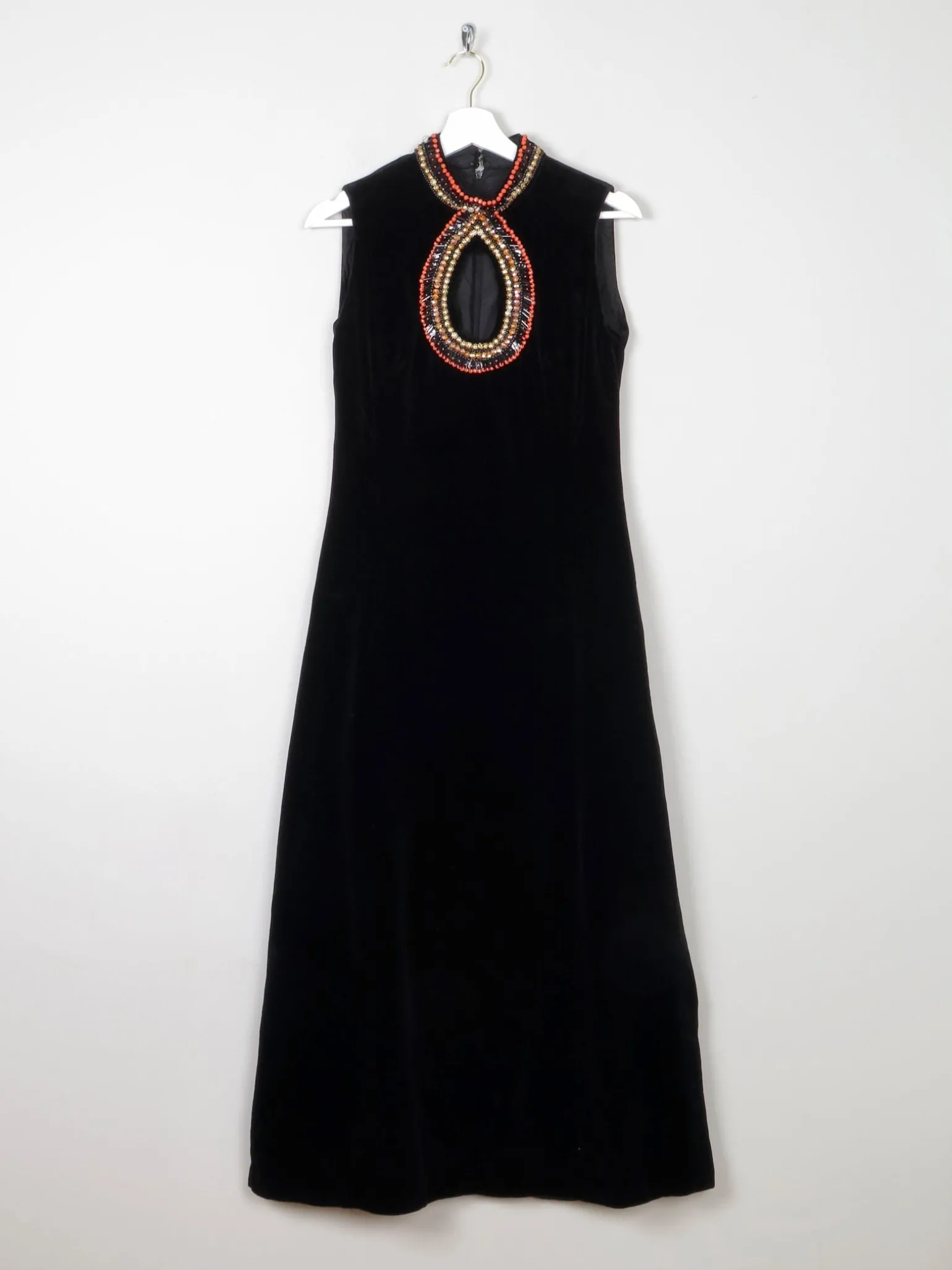 Vintage Black Velvet 1960s/70s Maxi Dress With Beading Detail 6/8 XS
