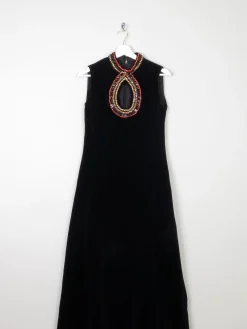 Vintage Black Velvet 1960s/70s Maxi Dress With Beading Detail 6/8 XS