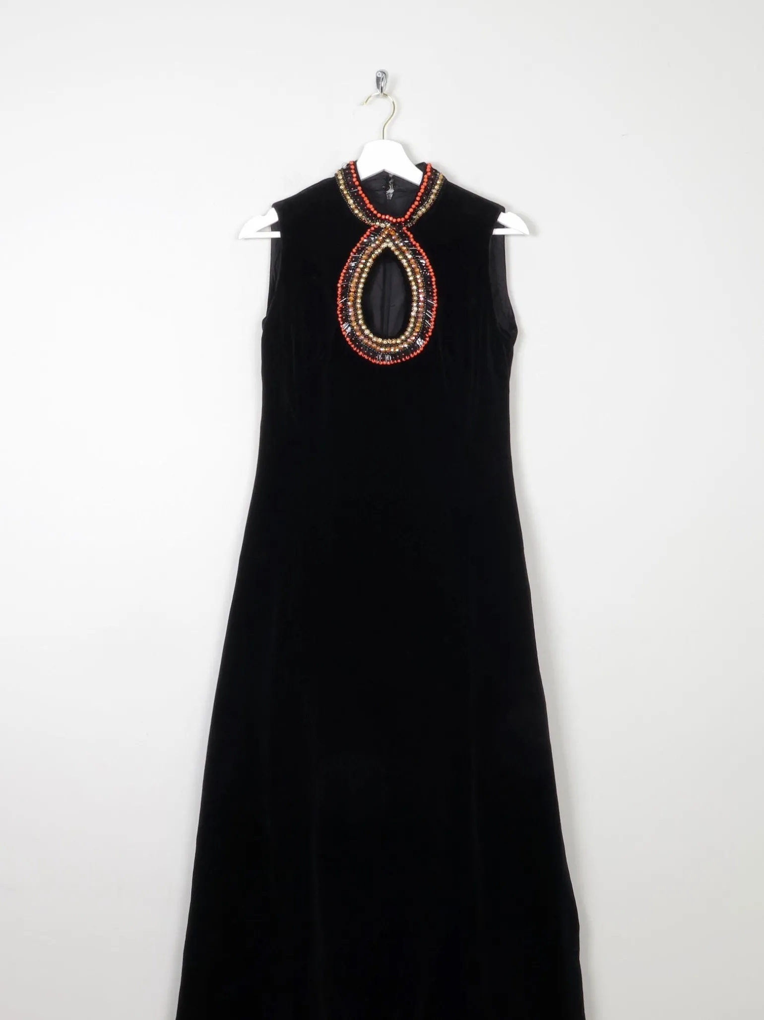 Vintage Black Velvet 1960s/70s Maxi Dress With Beading Detail 6/8 XS