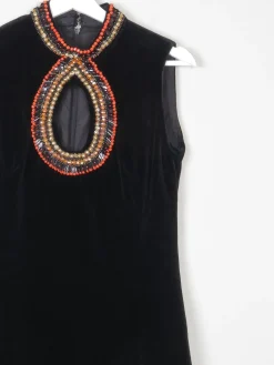 Vintage Black Velvet 1960s/70s Maxi Dress With Beading Detail 6/8 XS