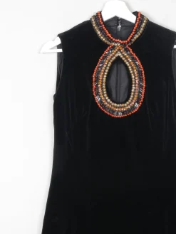 Vintage Black Velvet 1960s/70s Maxi Dress With Beading Detail 6/8 XS