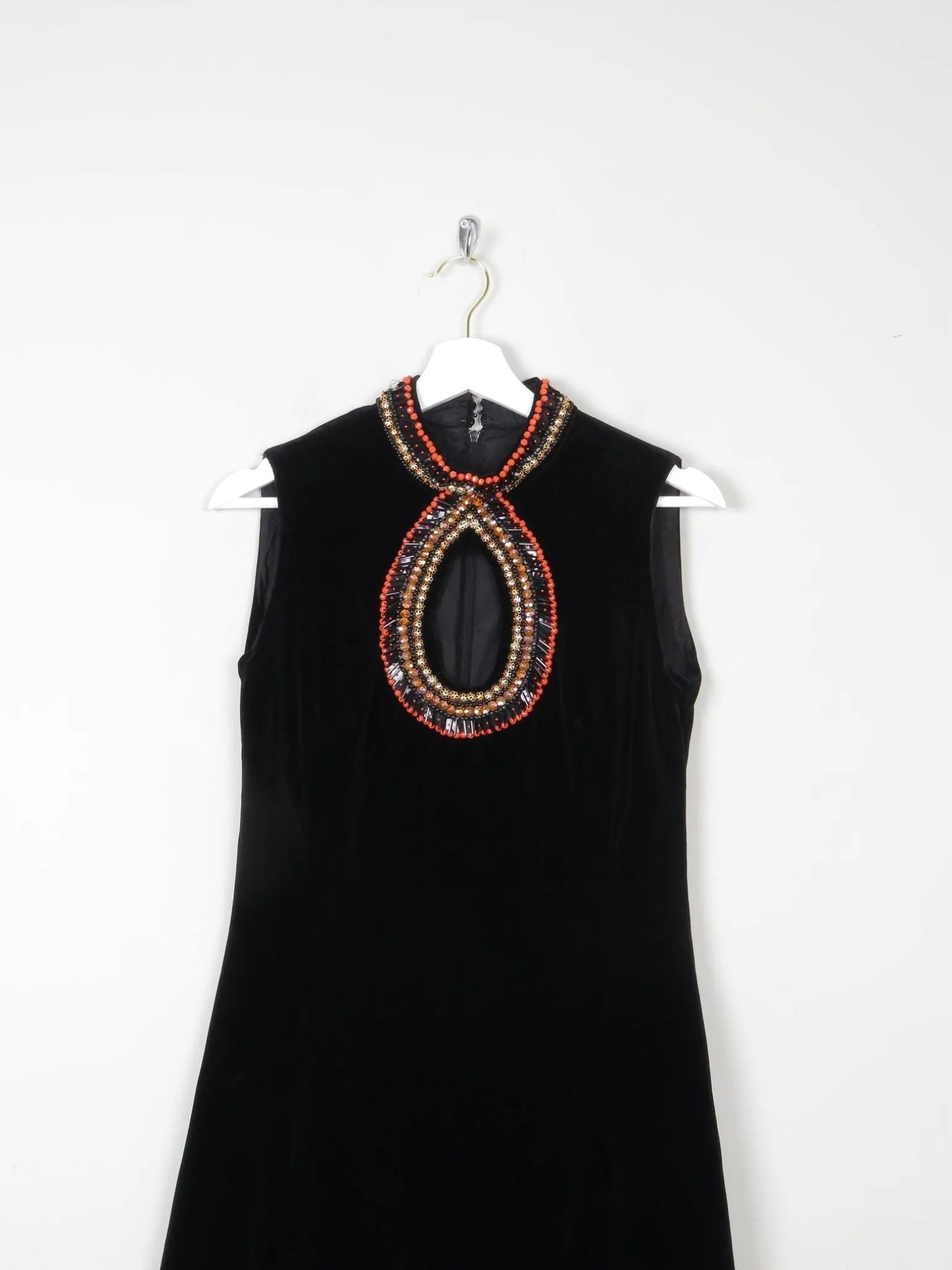 Vintage Black Velvet 1960s/70s Maxi Dress With Beading Detail 6/8 XS