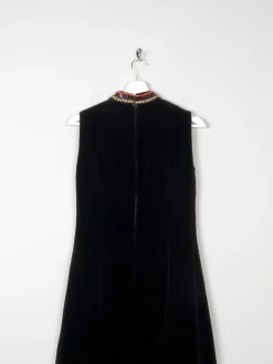 Vintage Black Velvet 1960s/70s Maxi Dress With Beading Detail 6/8 XS