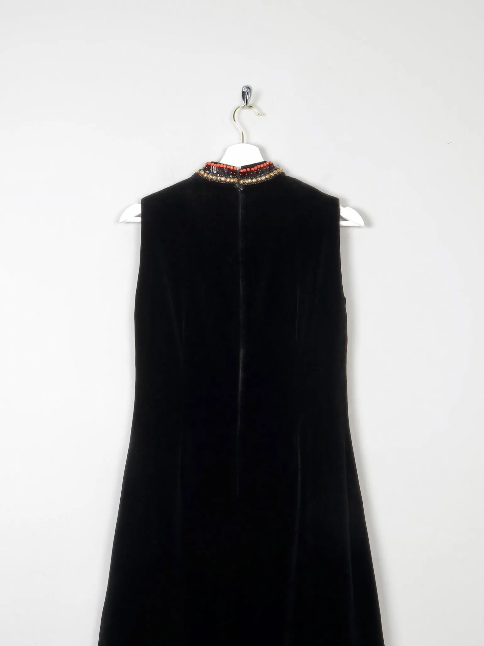 Vintage Black Velvet 1960s/70s Maxi Dress With Beading Detail 6/8 XS