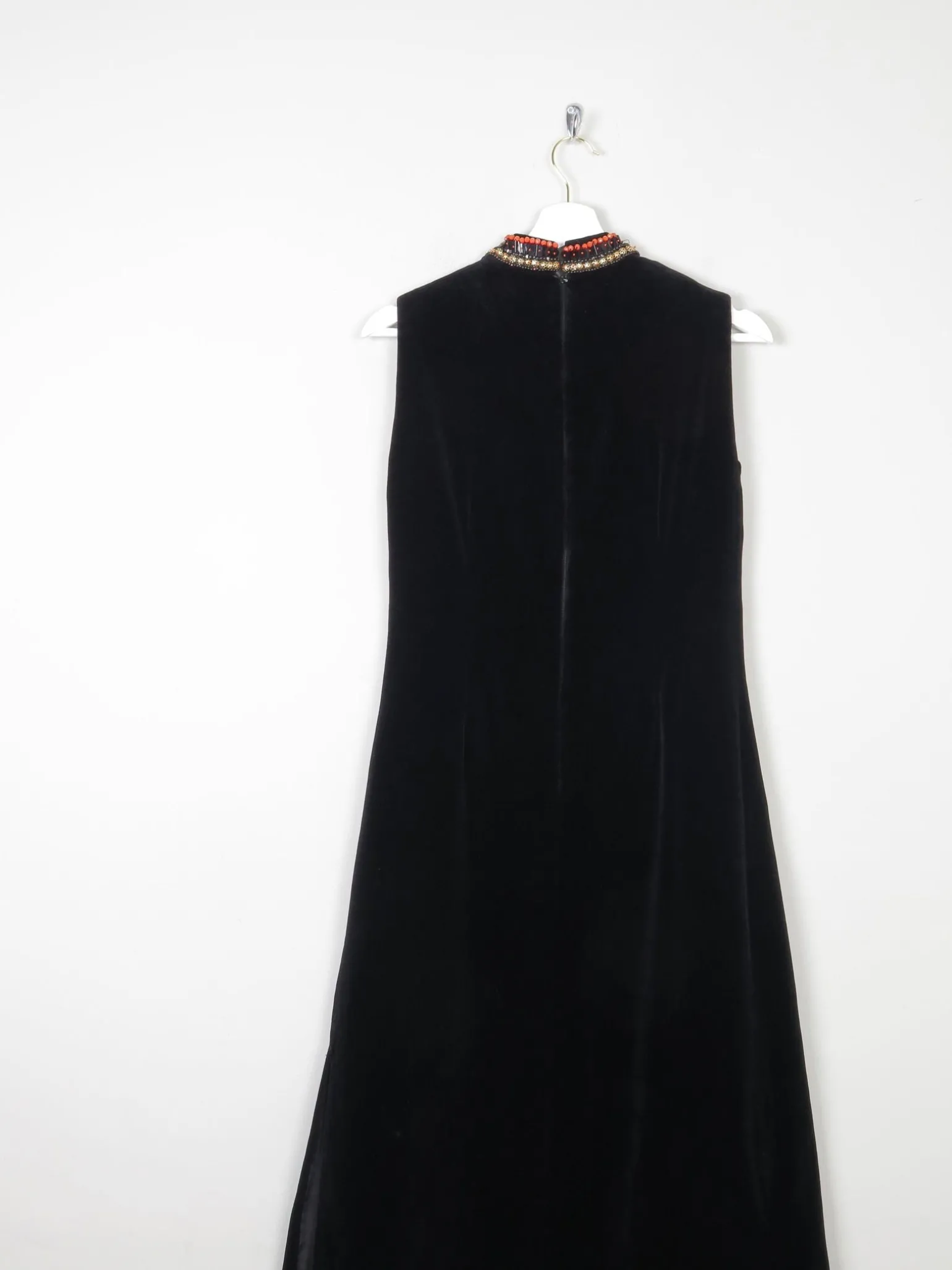 Vintage Black Velvet 1960s/70s Maxi Dress With Beading Detail 6/8 XS