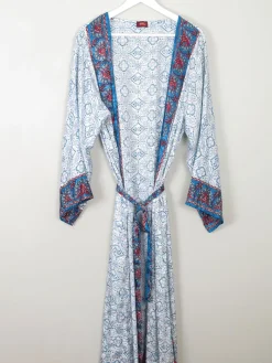 Vintage Blue & Wine Printed Silk Kimono S-L