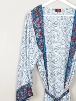 Vintage Blue & Wine Printed Silk Kimono S-L