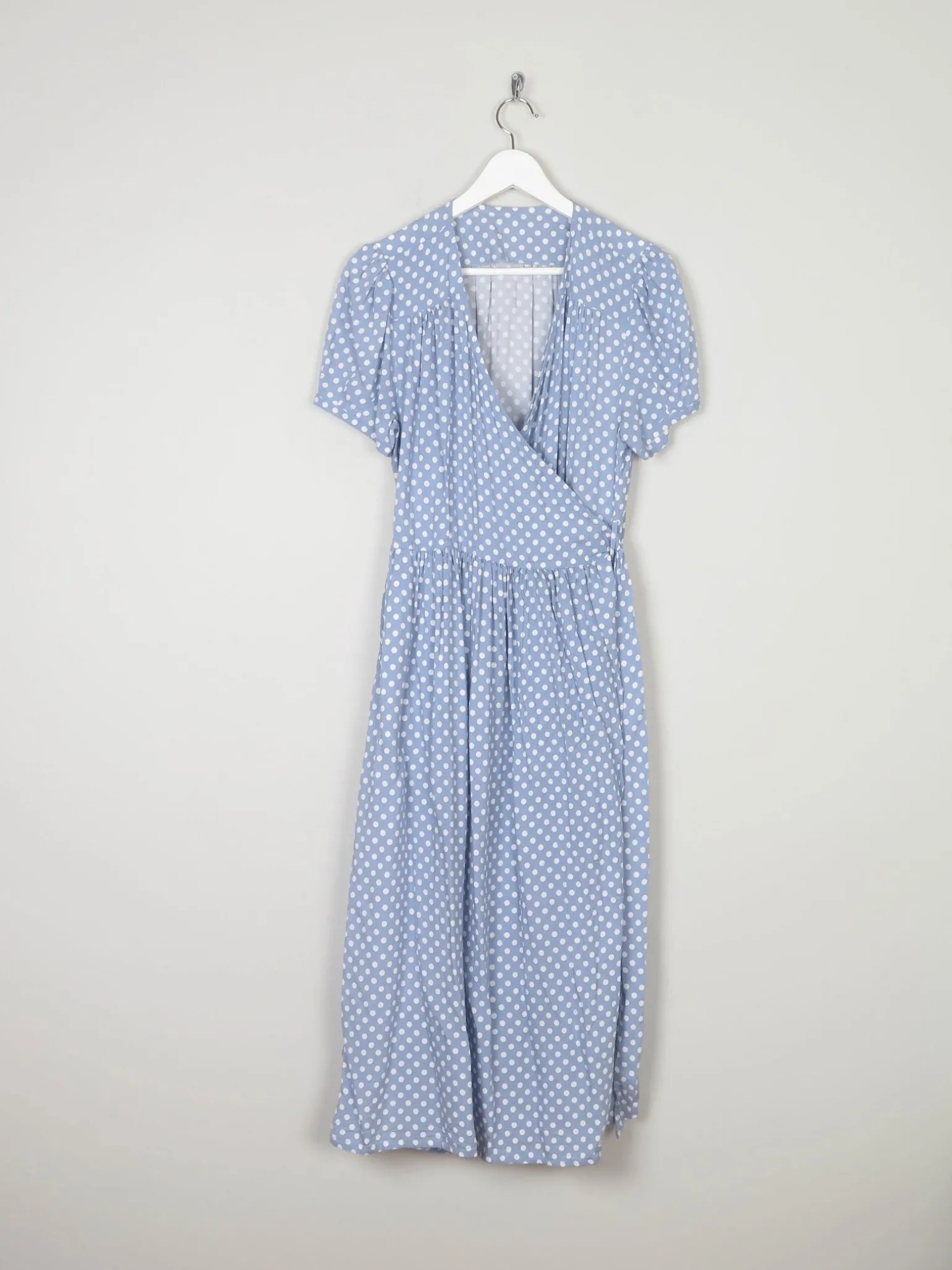 Vintage Blue Polka Dot Wrap Over Midi Dress M/L 12/14
