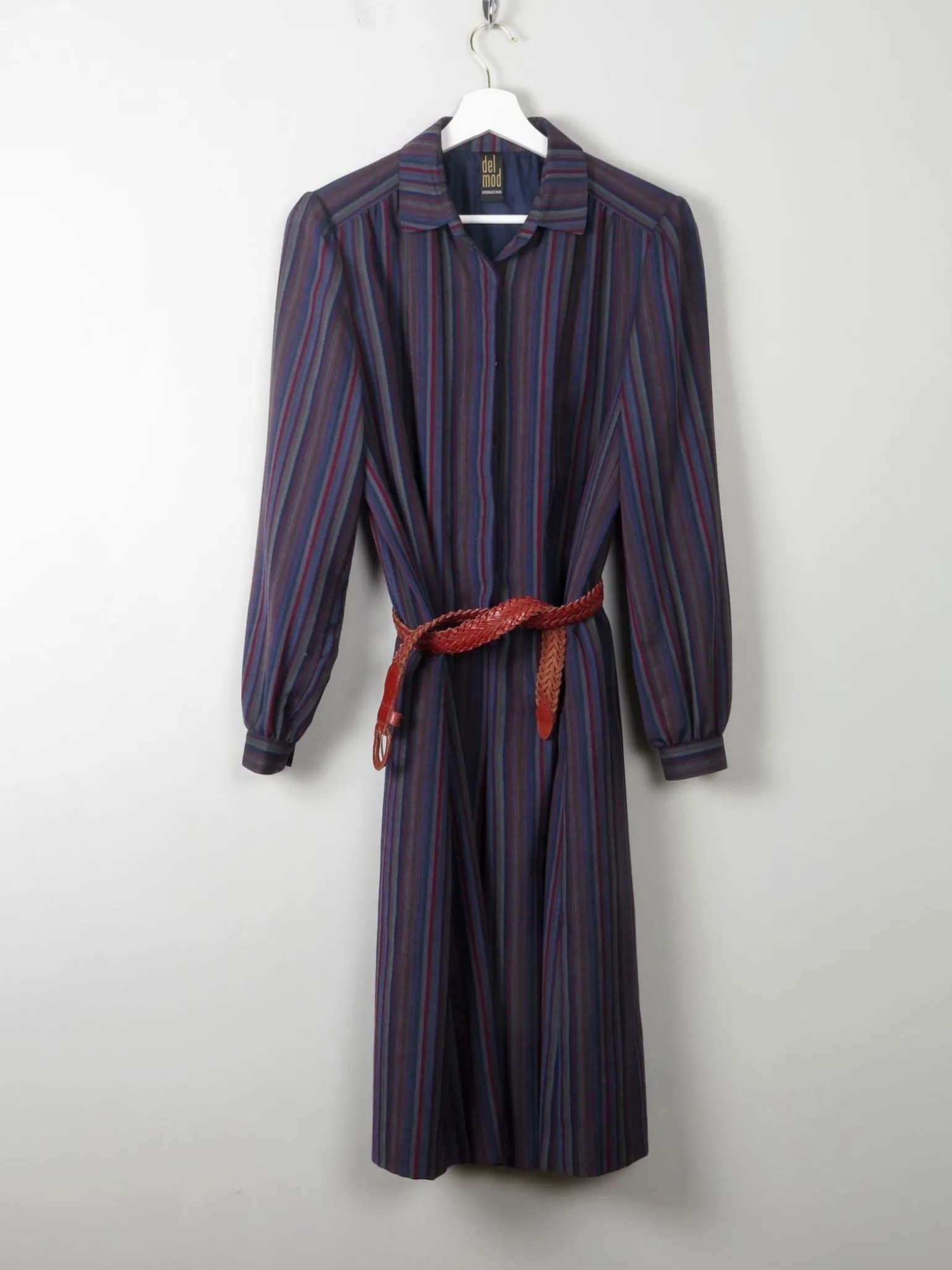 Vintage Blue Wool Striped Shirt Dress With Collar S/.M
