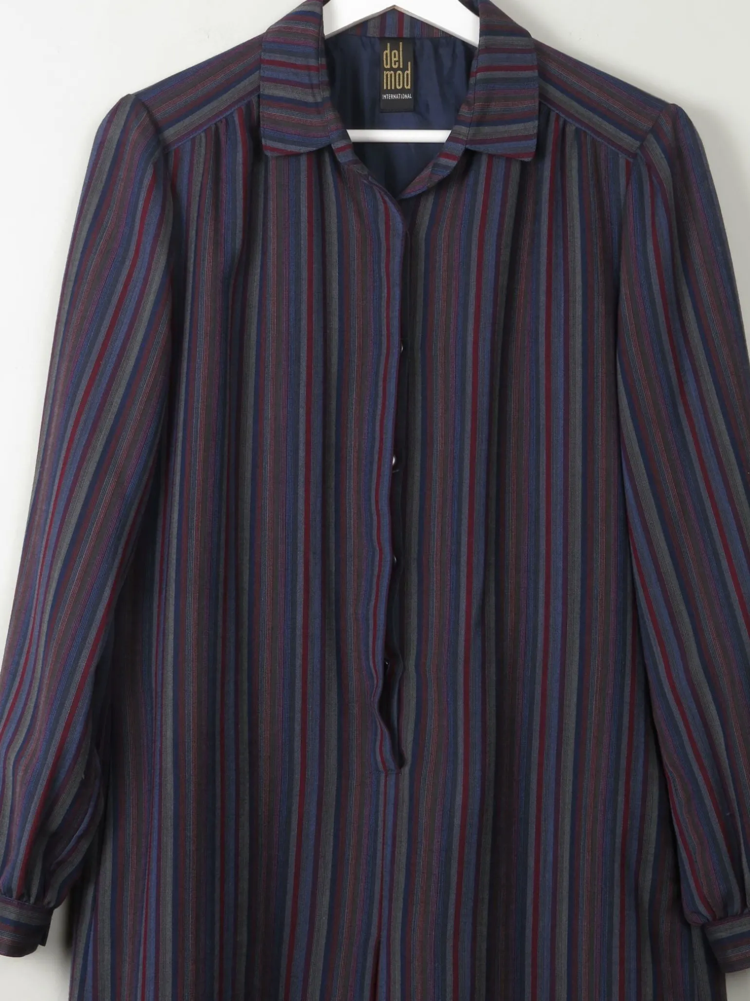Vintage Blue Wool Striped Shirt Dress With Collar S/.M