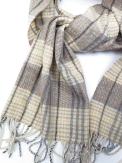 Vintage Cream & Grey Check Tartan Lambswool Scarf