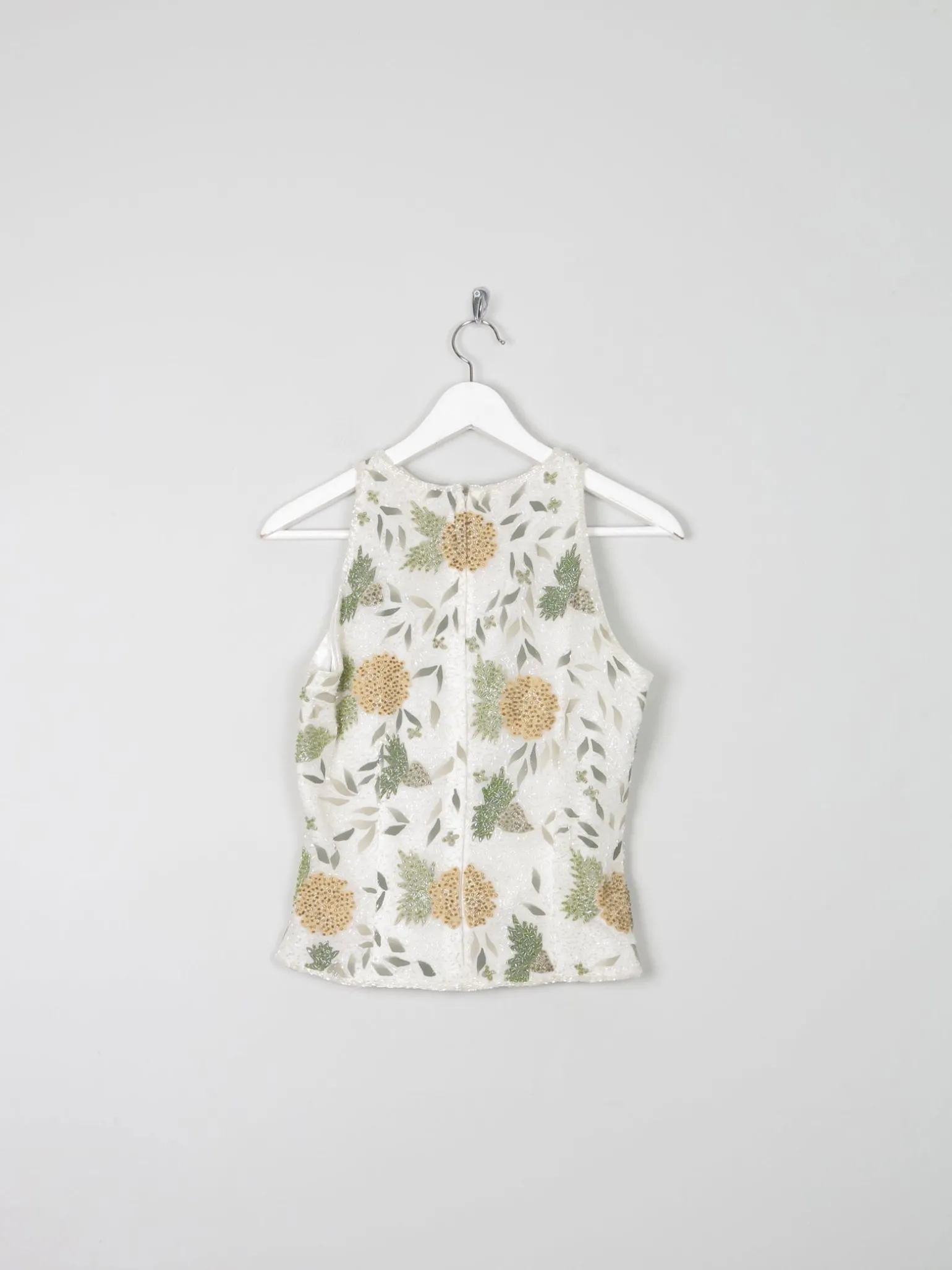 Vintage Cream Floral  Beaded Halter Neck Cropped Top S