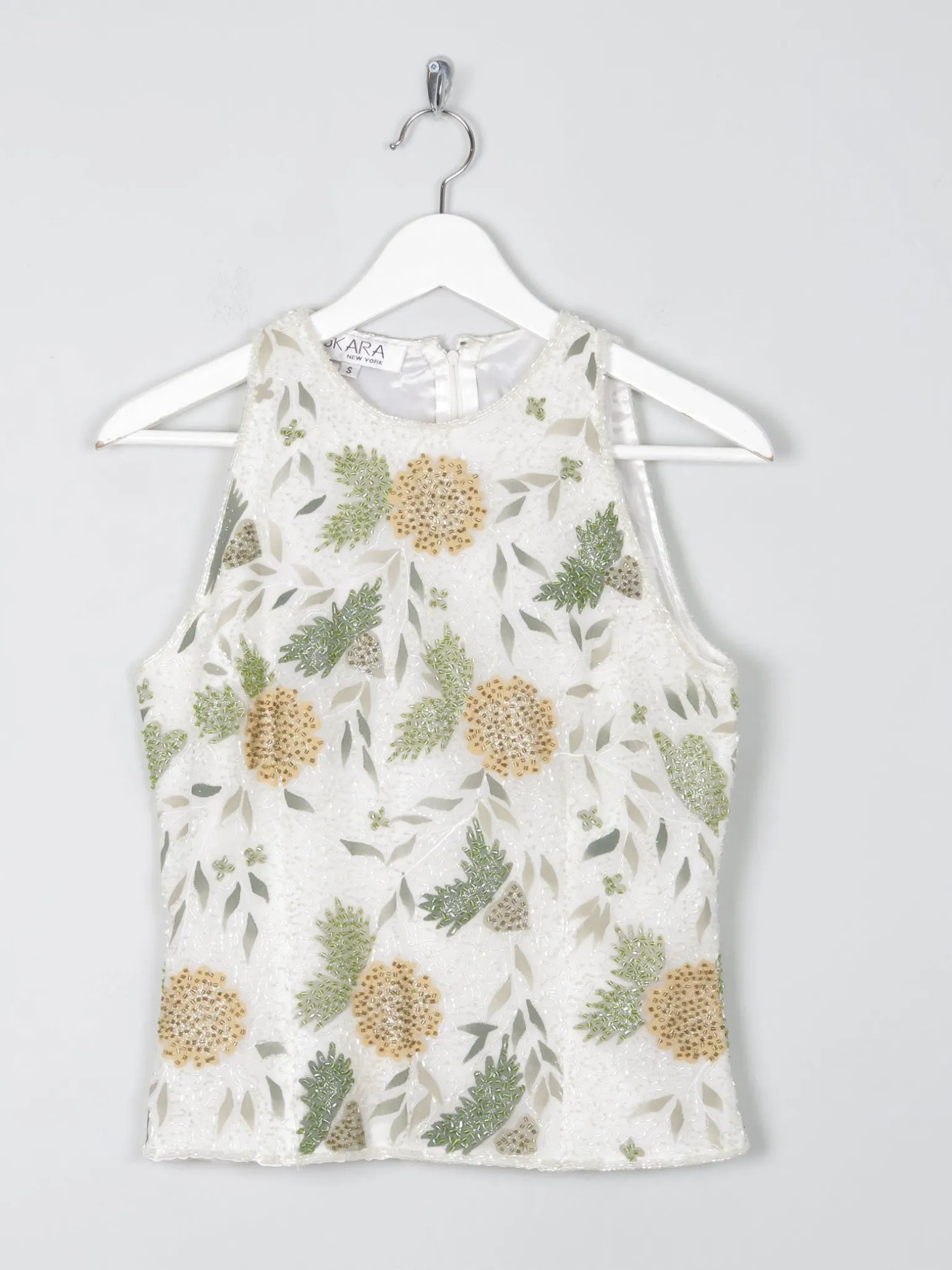 Vintage Cream Floral  Beaded Halter Neck Cropped Top S