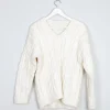 Vintage Cream Unisex Hand-knit V-neck Jumper With Cable Knit S/M