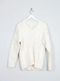 Vintage Cream Unisex Hand-knit V-neck Jumper With Cable Knit S/M