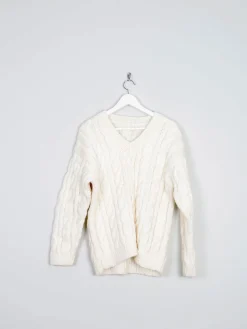 Vintage Cream Unisex Hand-knit V-neck Jumper With Cable Knit S/M