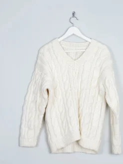 Vintage Cream Unisex Hand-knit V-neck Jumper With Cable Knit S/M