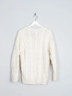 Vintage Cream Unisex Hand-knit V-neck Jumper With Cable Knit S/M
