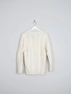Vintage Cream Unisex Hand-knit V-neck Jumper With Cable Knit S/M