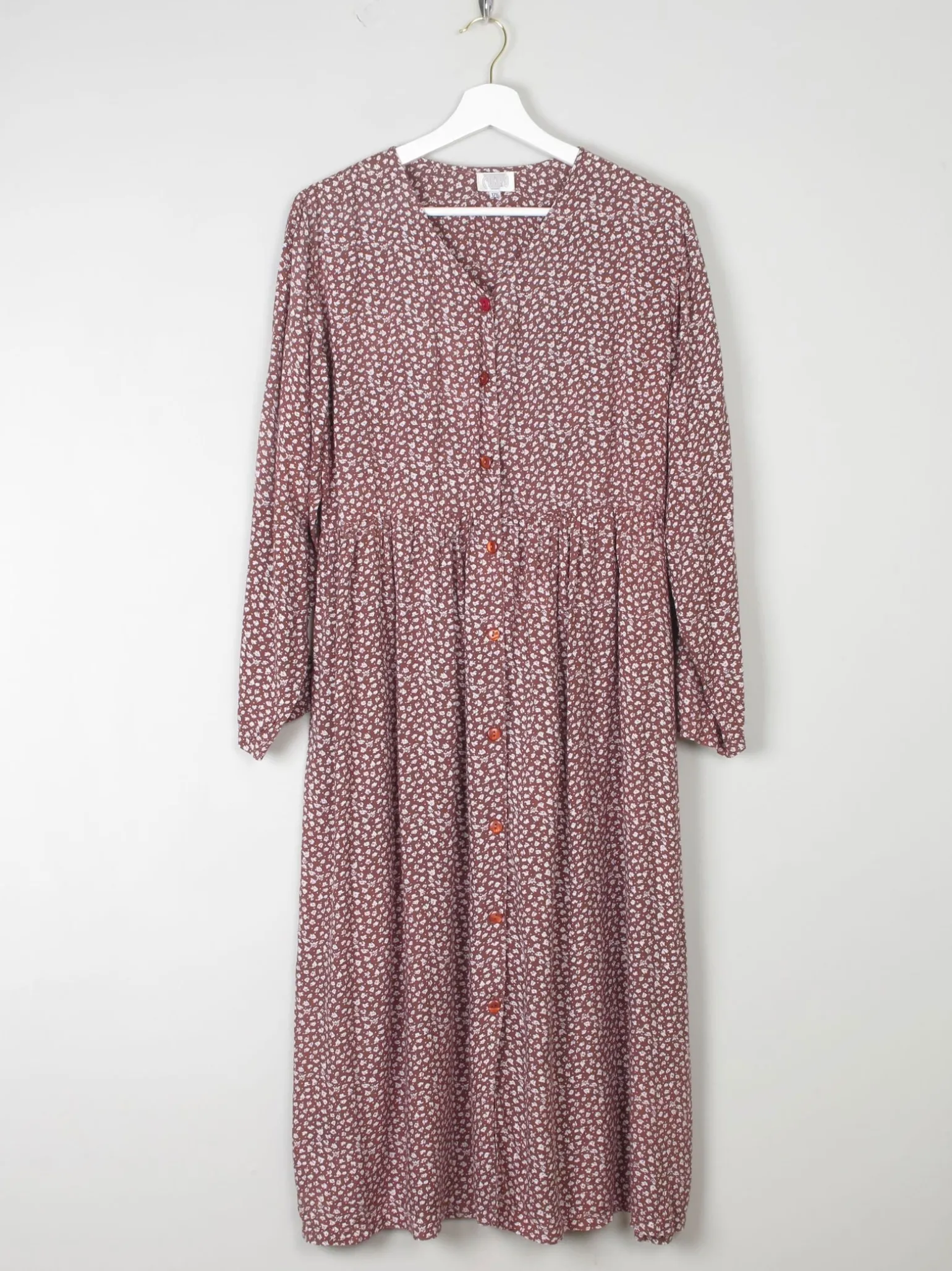 Vintage Floral Prairie Dress Brown & White Button Down S/M