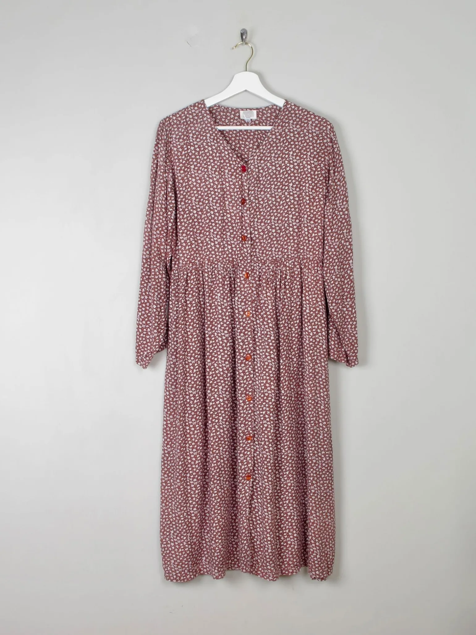 Vintage Floral Prairie Dress Brown & White Button Down S/M