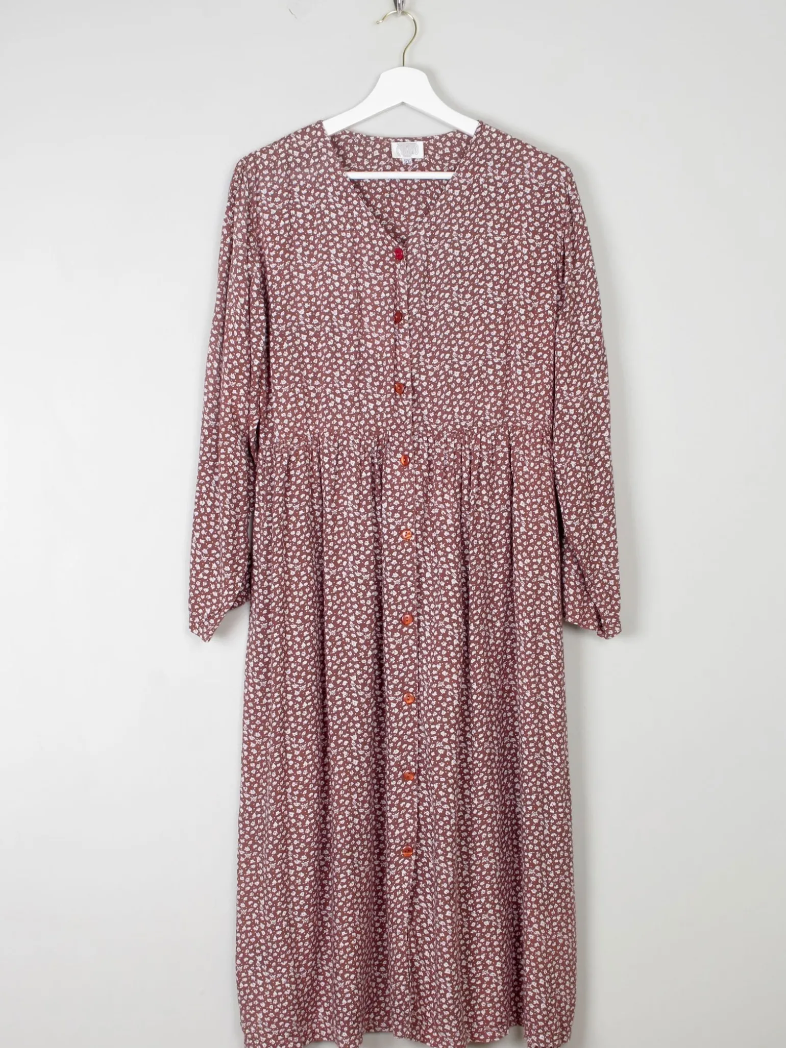 Vintage Floral Prairie Dress Brown & White Button Down S/M