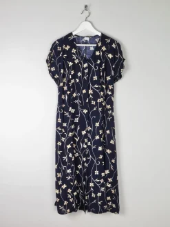 Vintage Floral 1990s Summer Navy Dress S