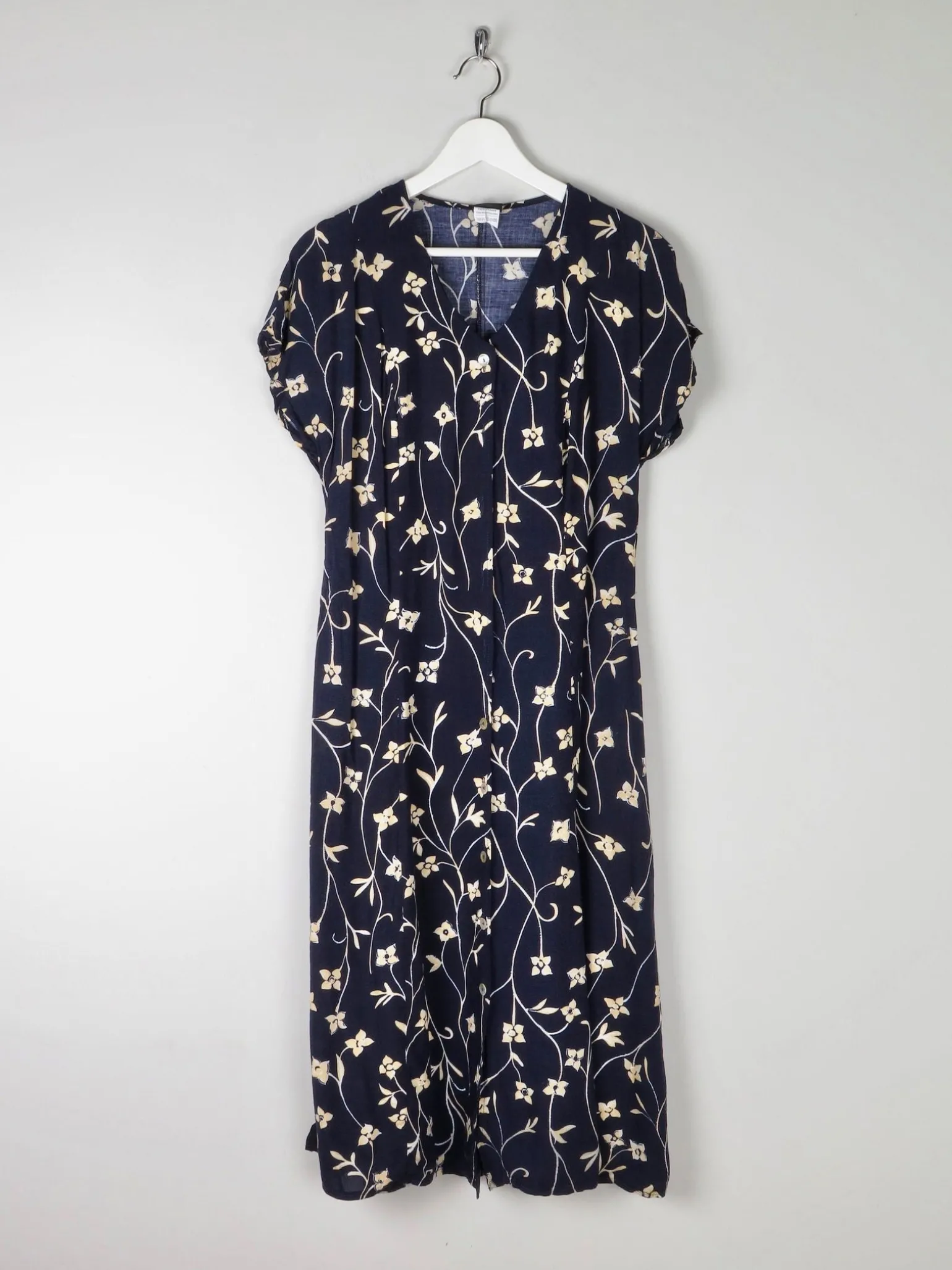 Vintage Floral 1990s Summer Navy Dress S
