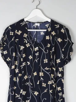 Vintage Floral 1990s Summer Navy Dress S