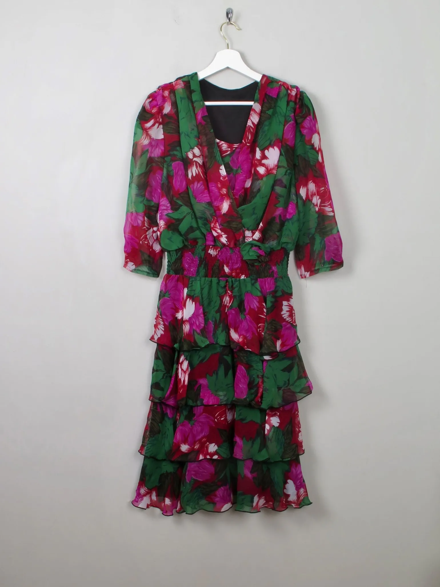 Vintage Floral 80s Tiered Dress L