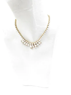 Vintage Gold & White Milk Glass & Diamanté 1960s Necklace
