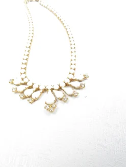 Vintage Gold & White Milk Glass & Diamanté 1960s Necklace