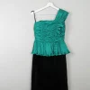 Vintage Green & Black Dress One Shoulder XS